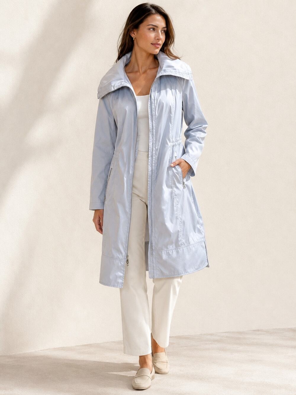 COLE HAAN Hooded Longline Packable Raincoat Blue/Mineral Medium NWT